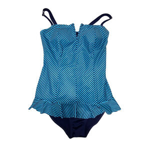 Spanx Womens Ruffled One Piece Skirted Swimsuit Size 12 Teal Blue Slimming